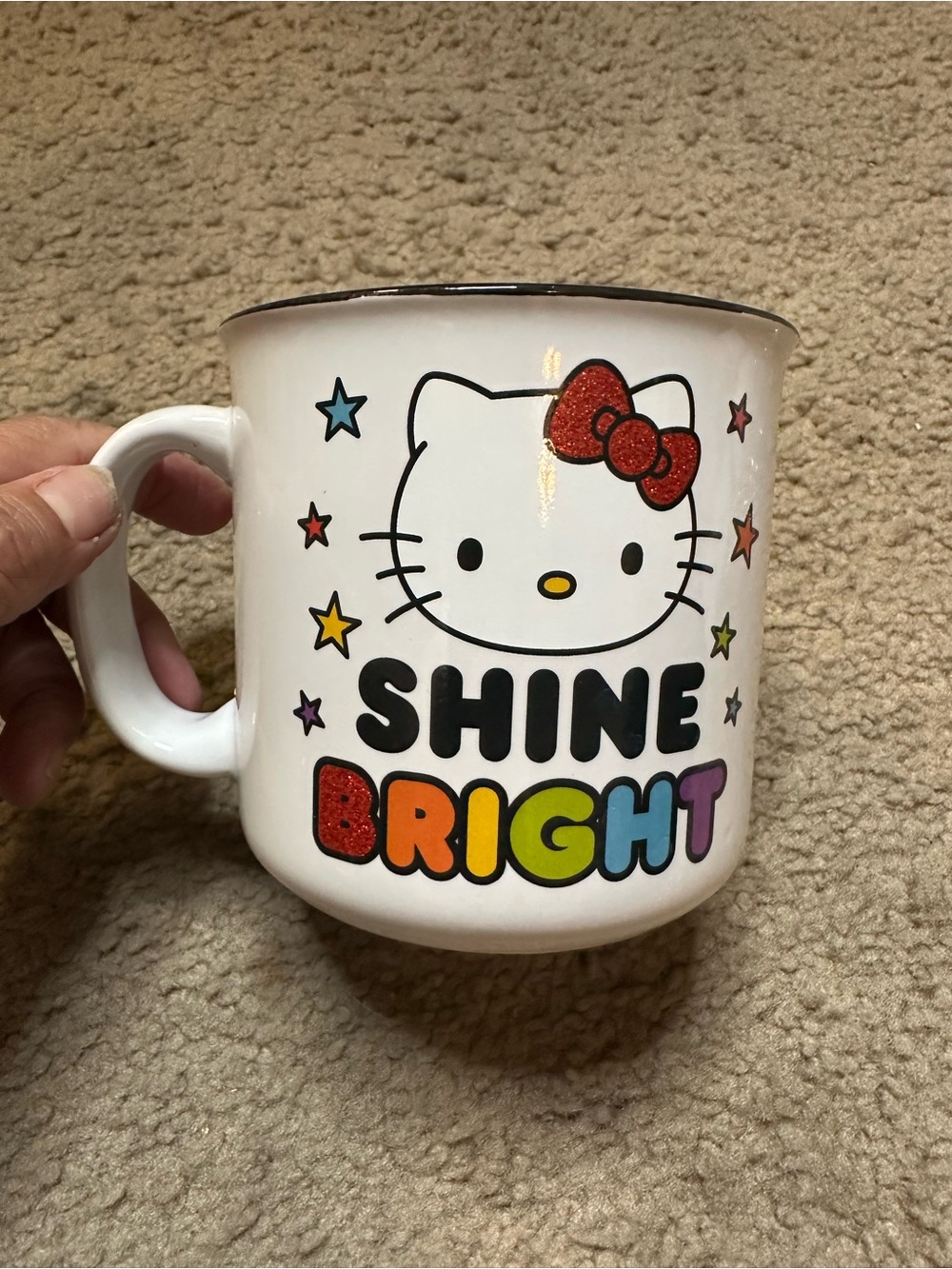 Hello Kitty White Ceramic Mug with Multicolor 'BRIGHT' Lettering